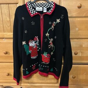 Lemon Grass Women’s Christmas Holidays Zip Cardigan Santa & Reindeer Size Large